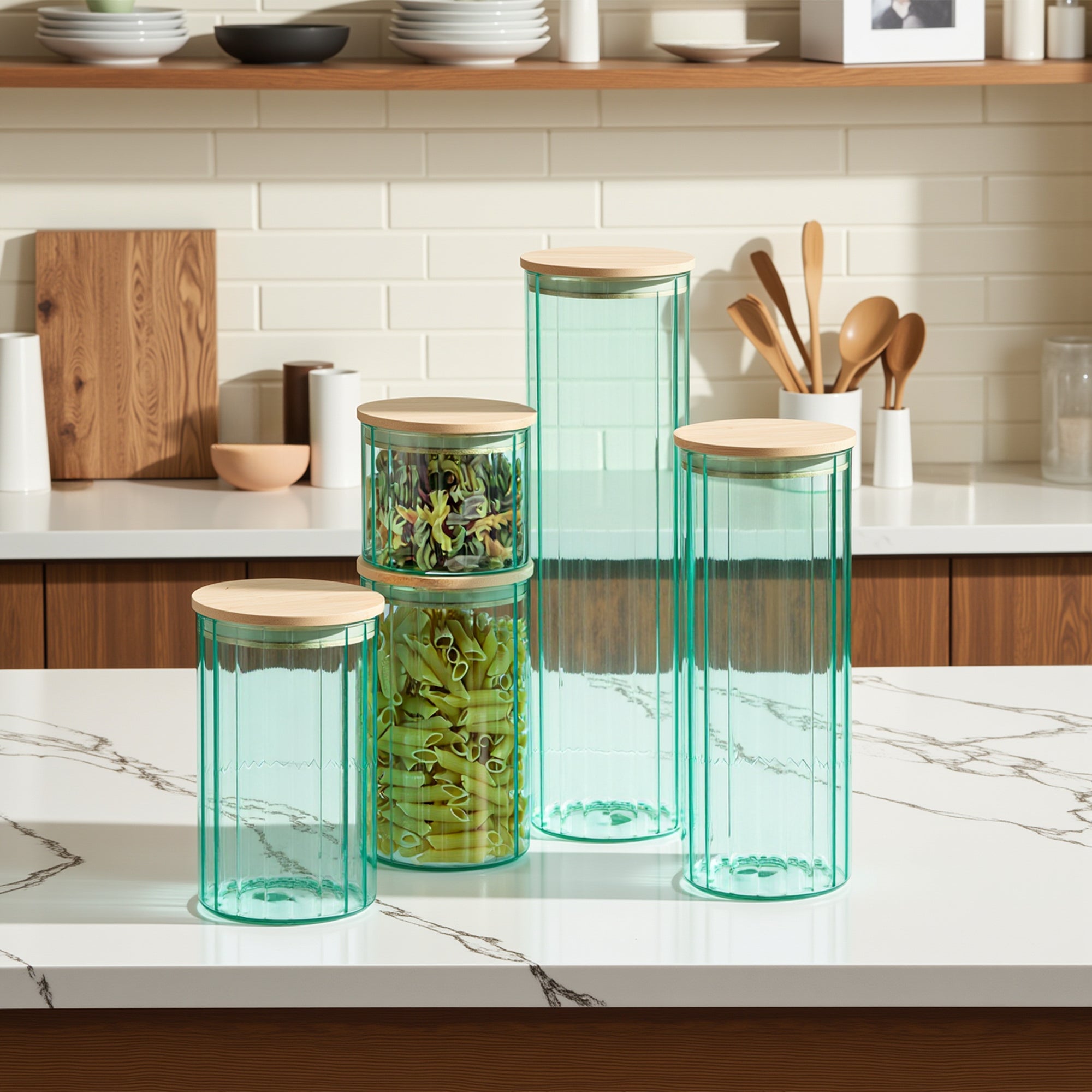 Glass Canister Set & Bamboo Lid - Emerald Green
