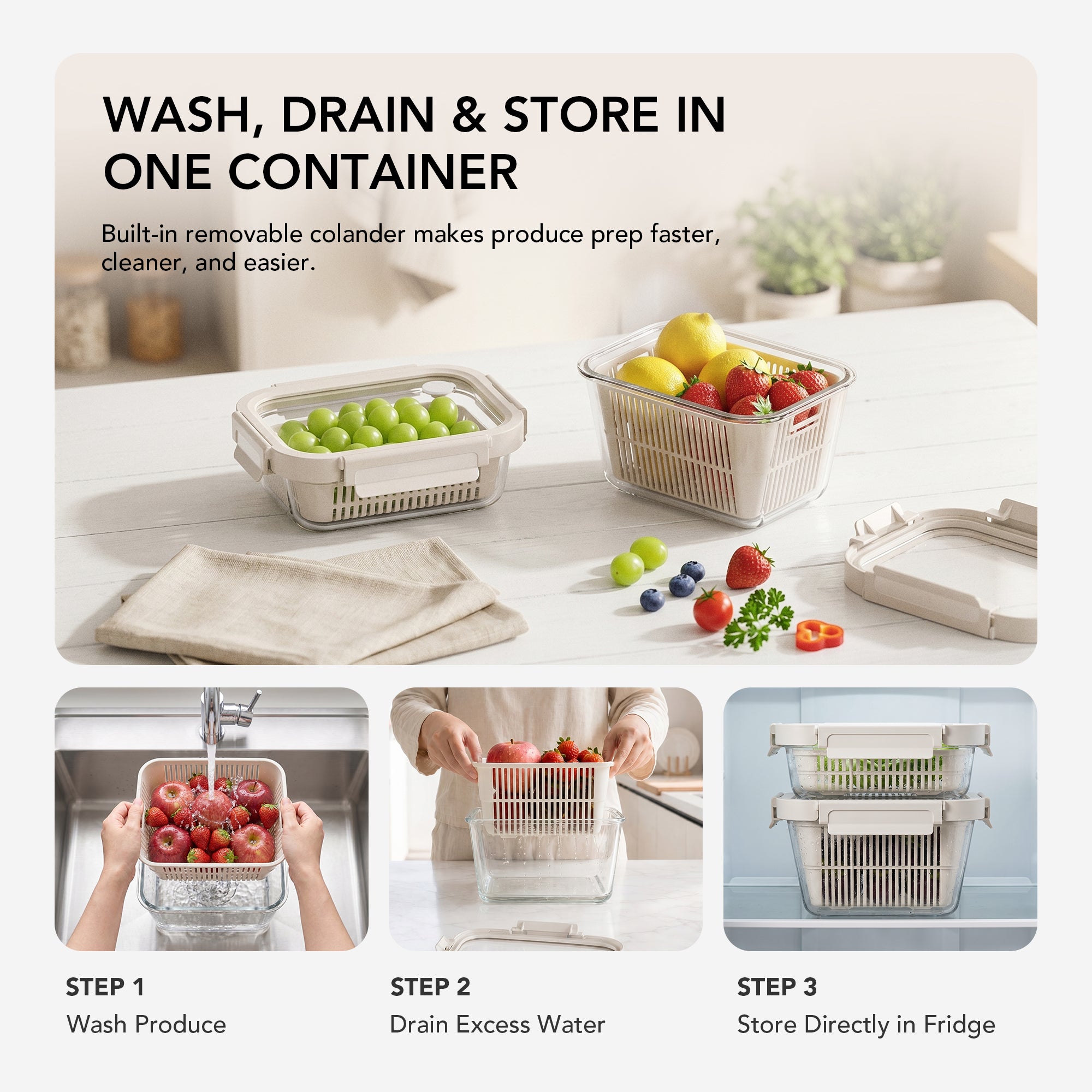 Produce Colander Container Set with Glass Lids