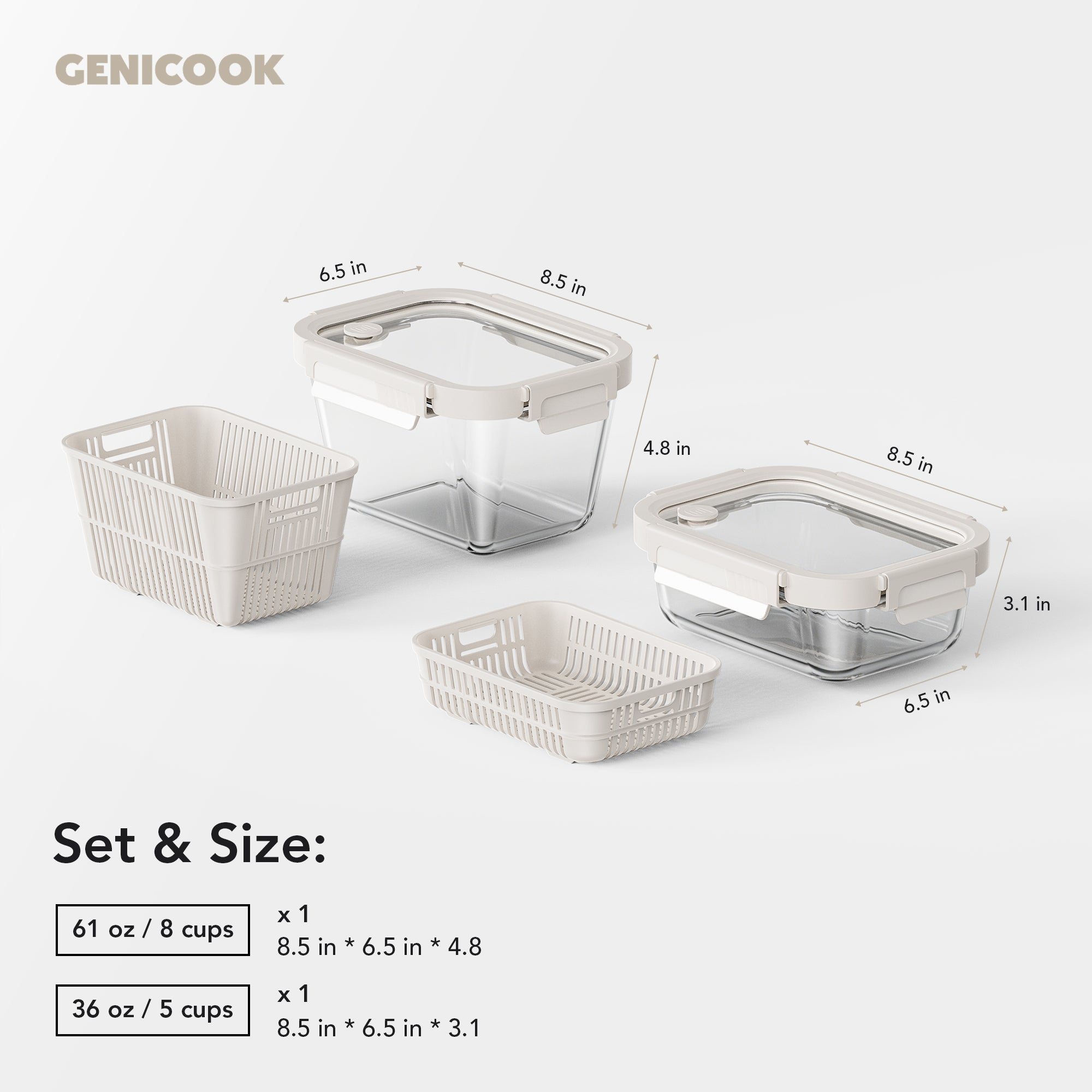 Produce Colander Container Set with Glass Lids