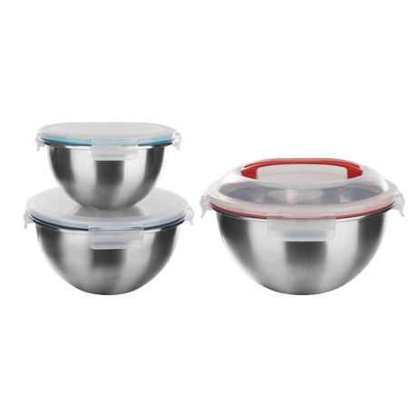 Genicook 3-Piece Stainless Steel Nesting Mixing Bowl Set with Snap-On Lids & Carry Handle - GenicookGenicook