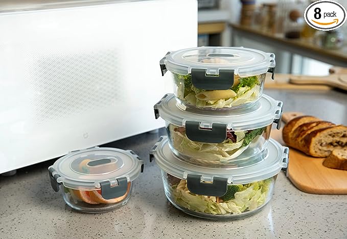 Genicook 8pc Round Borosilicate Glass Container with Vented Lid Set, Microwavable, Dark Grey - GenicookGenicook