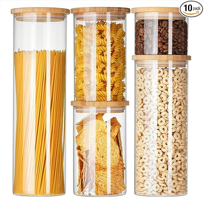 Genicook Borosilcate Glass Canister Set with Eco-Friendly, Cereal containers storage,Easy to Open Natural Bamboo Lids - 10 pc set (5 Glass Containers, 5 Bamboo Lids) Circular - GenicookGenicook
