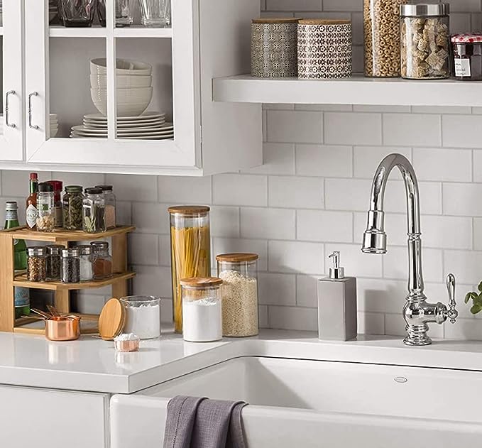 Genicook Borosilcate Glass Canister Set with Eco-Friendly, Cereal containers storage,Easy to Open Natural Bamboo Lids - 10 pc set (5 Glass Containers, 5 Bamboo Lids) Circular - GenicookGenicook