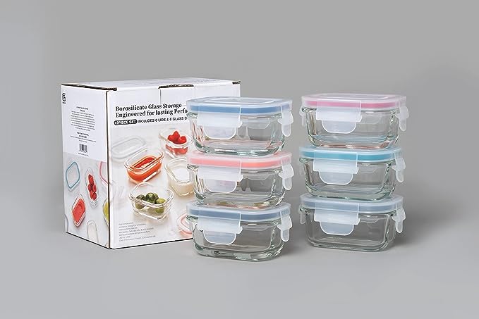Genicook Borosilicate Glass Small Baby-Size Meal and Food Storage Containers, Rectangular Shape - 12 PC Set (6 Containers - 6 Matching Lids)