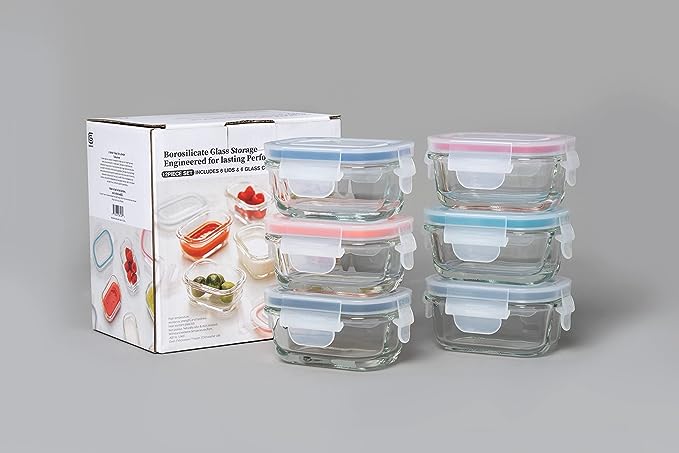 Genicook Borosilicate Glass Small Baby-Size Meal and Food Storage Containers, Rectangular Shape - 12 pc Set (6 Containers - 6 Matching Lids) - GenicookGenicook