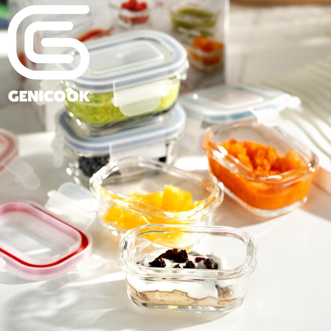 Genicook Borosilicate Glass Small Baby-Size Meal and Food Storage Containers, Rectangular Shape - 12 pc Set (6 Containers - 6 Matching Lids) - GenicookGenicook