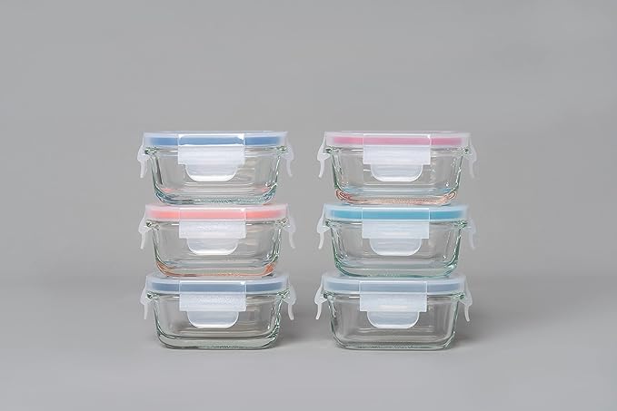 Genicook Borosilicate Glass Small Baby-Size Meal and Food Storage Containers, Rectangular Shape - 12 pc Set (6 Containers - 6 Matching Lids) - GenicookGenicook