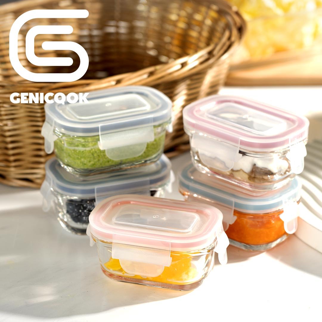 Genicook Borosilicate Glass Small Baby-Size Meal and Food Storage Containers, Rectangular Shape - 12 pc Set (6 Containers - 6 Matching Lids) - GenicookGenicook