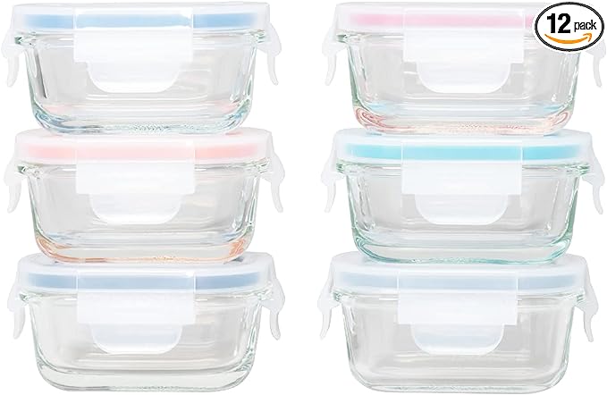 Genicook Borosilicate Glass Small Baby-Size Meal and Food Storage Containers, Rectangular Shape - 12 pc Set (6 Containers - 6 Matching Lids) - GenicookGenicook