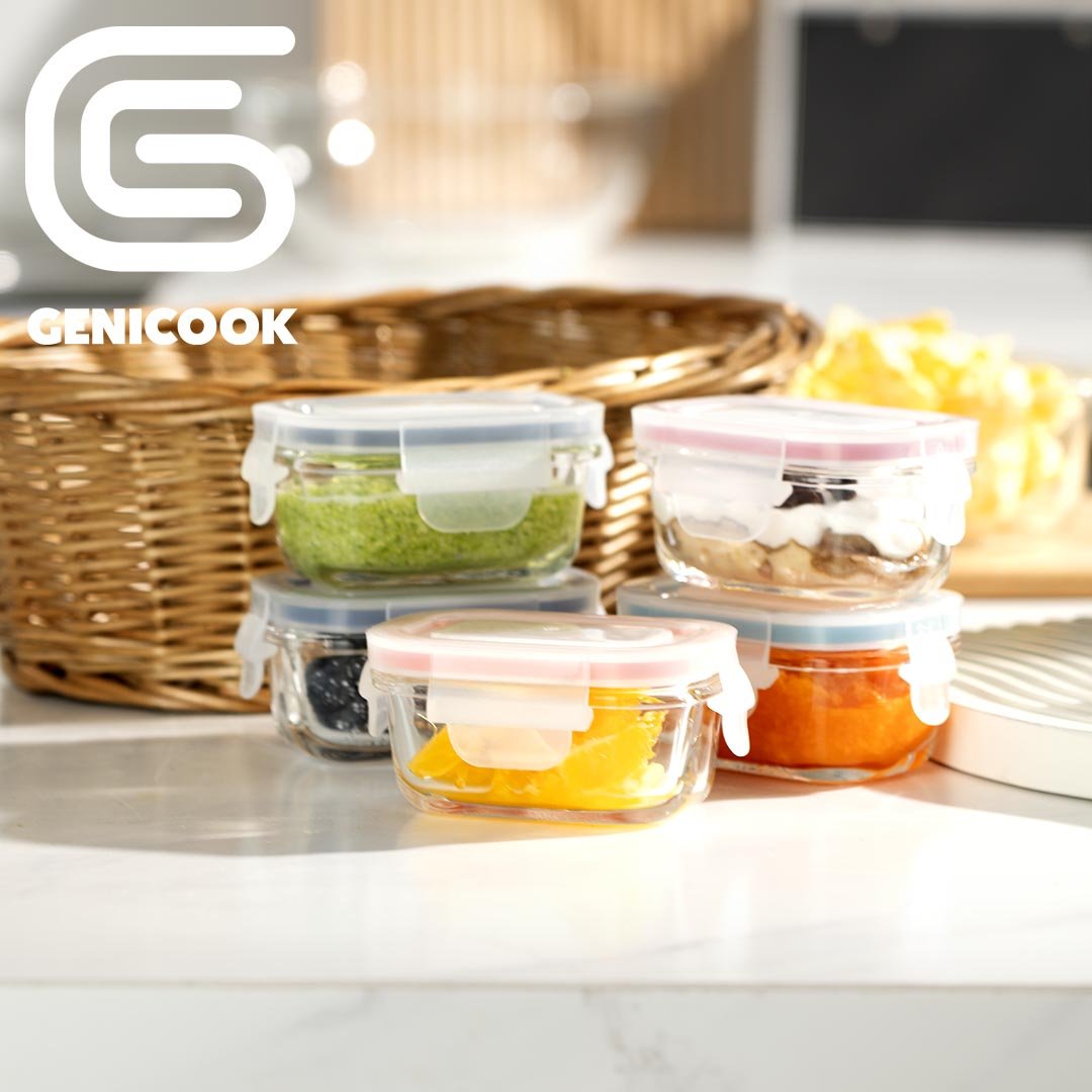 Genicook Borosilicate Glass Small Baby-Size Meal and Food Storage Containers, Rectangular Shape - 12 pc Set (6 Containers - 6 Matching Lids) - GenicookGenicook