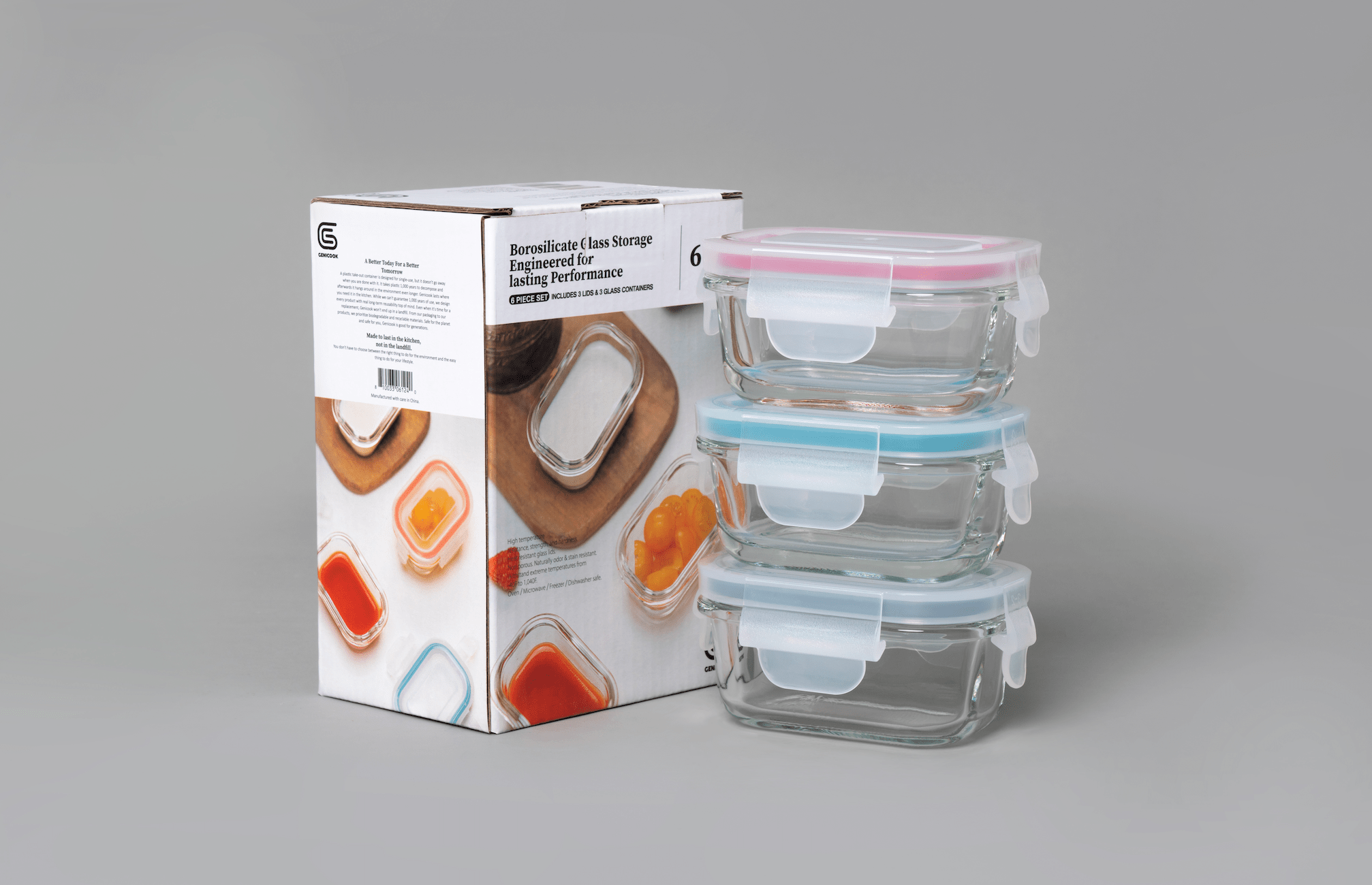 Genicook Borosilicate Glass Small Baby-Size Meal and Food Storage Containers, Rectangular Shape - 6 pc Set (3 Containers - 3 Matching Lids) - GenicookGenicook