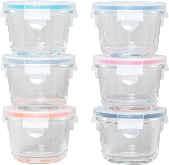 Genicook Borosilicate Glass Small Baby-Size Meal and Food Storage Containers, Round Shape - 12 PC Set (6 Containers - 6 Matching Lids)