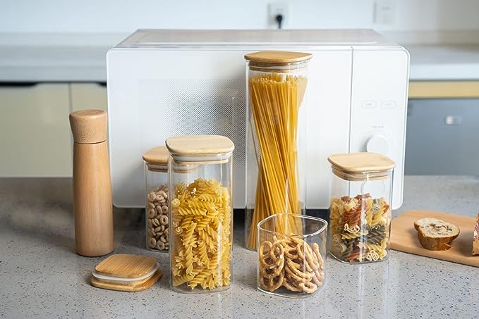 Genicook Glass Food Storage Jars,Spaghetti Pasta Storage Container,Borosilcate Glass Canister Set with Eco-Friendly Bamboo Lids for Noodles Flour Cereal Coffee Beans - 10 pc set - GenicookGenicook