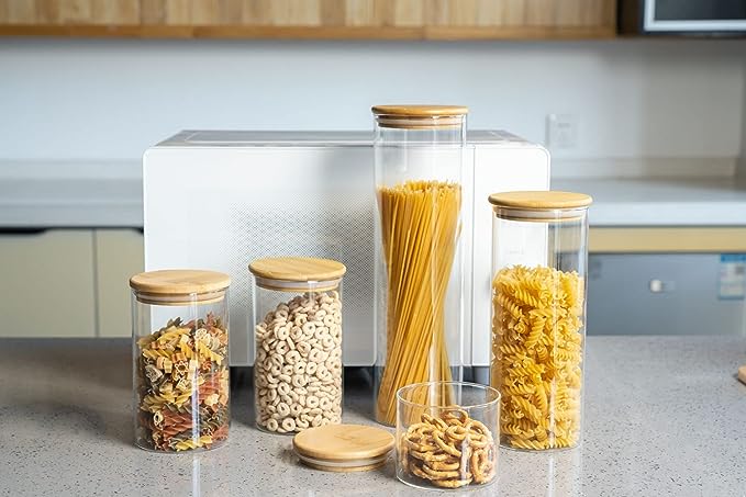 Genicook Borosilcate Glass Canister Set with Eco-Friendly, Cereal containers storage，Easy to Open Natural Bamboo Lids - 10 pc set (5 Glass Containers, 5 Bamboo Lids) Circular