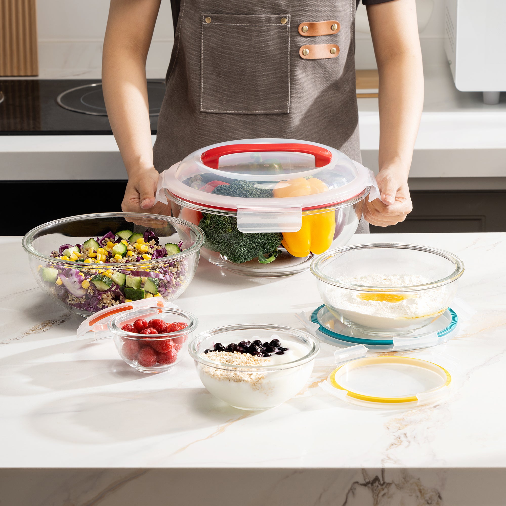 食器  Glass Bowl Set with Stand Mix & Store Glass Bowl Set with Handles, Heat-Resistant Bowls & Lids