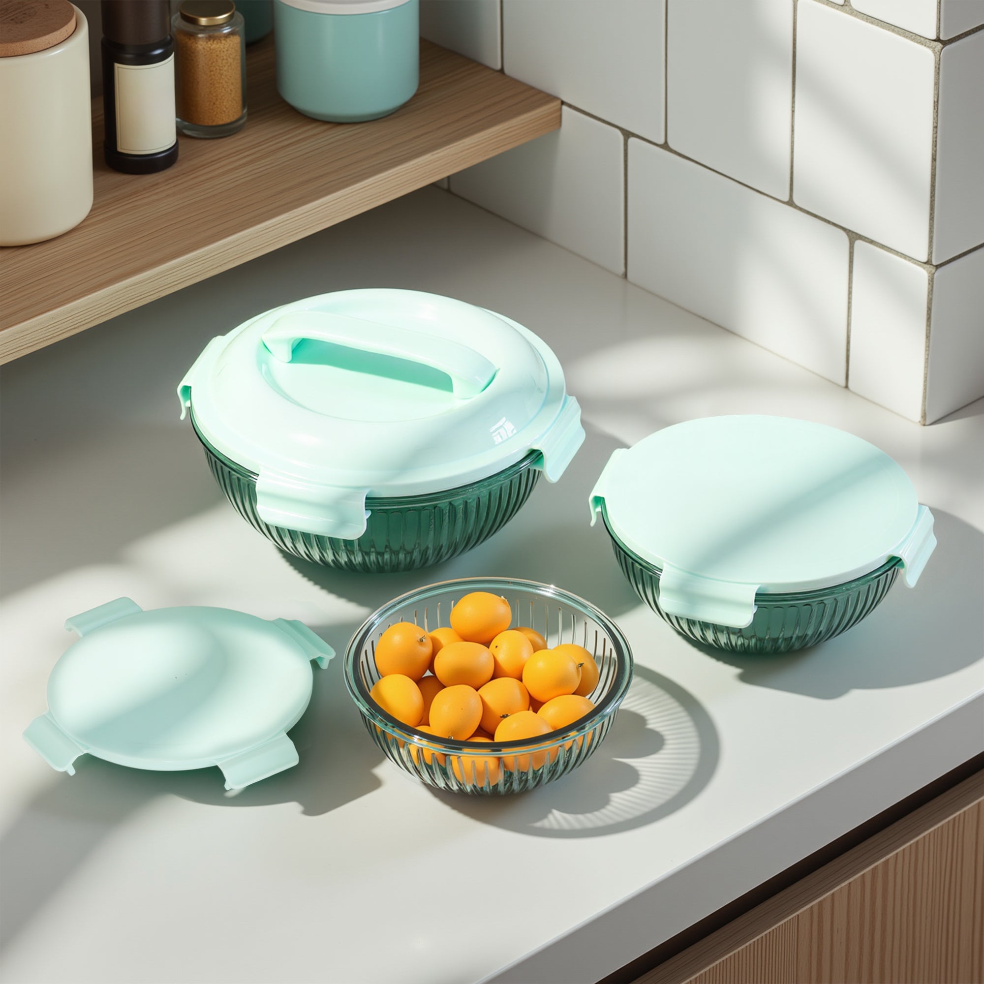 Borosilicate Glass Mixing Bowl Set- Diamond Blue (W/ Handle)