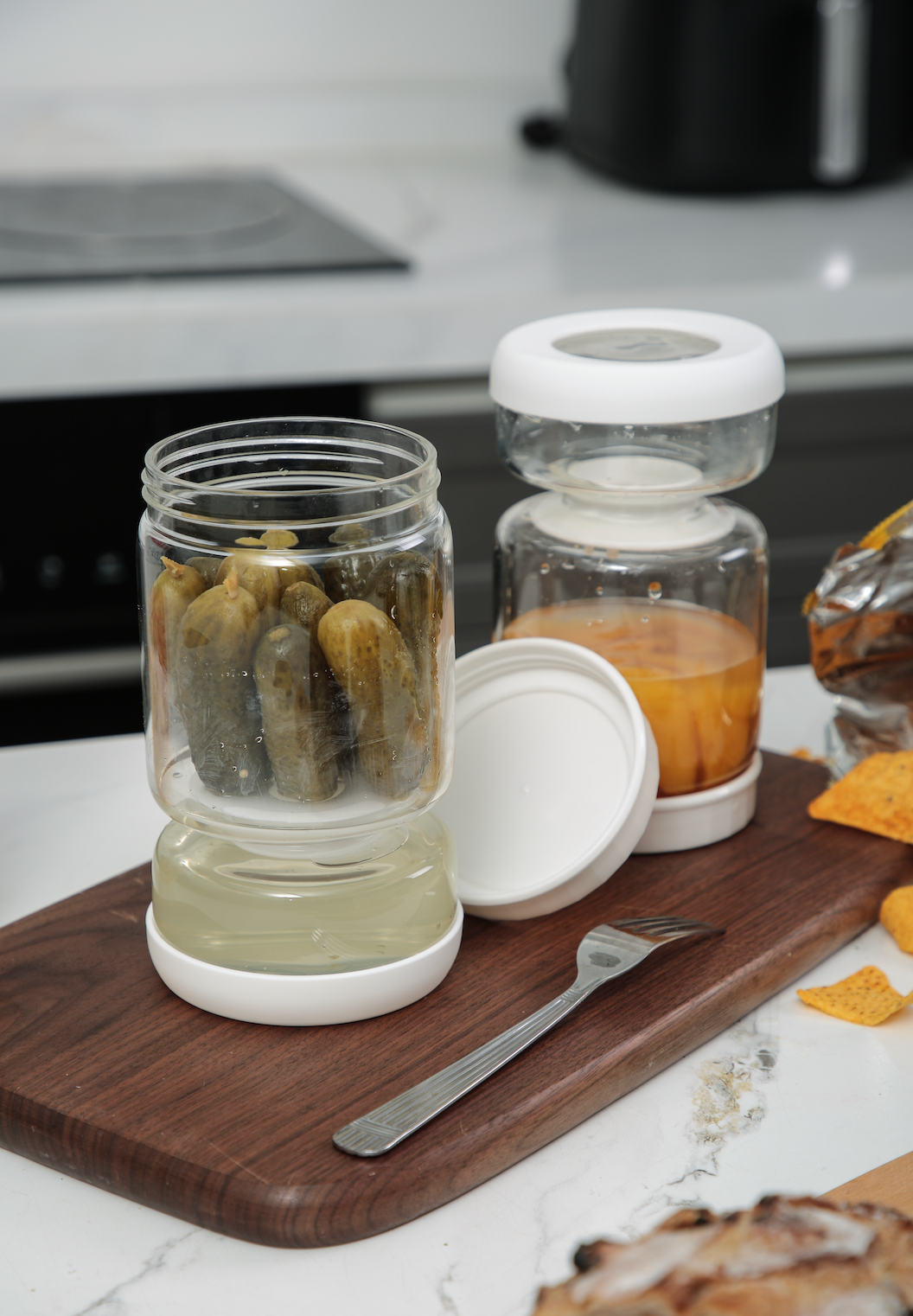 Genicook Dual-Part Glass Pickle Jar: The Flip-Over, Mess-Free Serving, Hand Blown Glass, Food Preserver