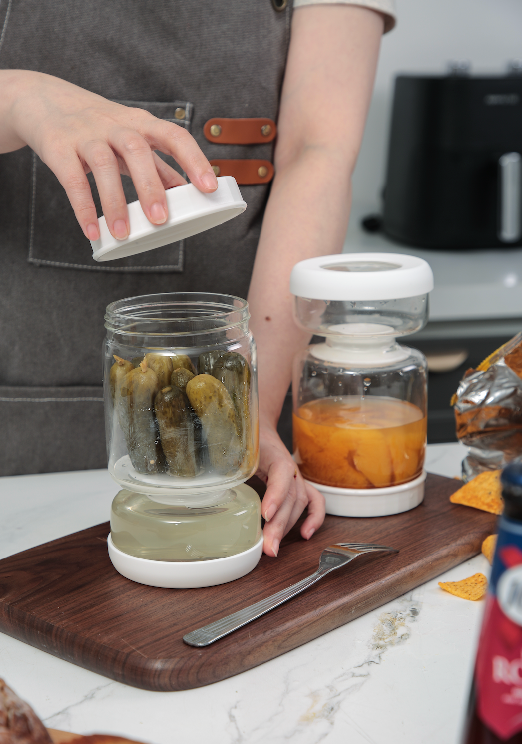 Genicook Dual-Part Glass Pickle Jar: The Flip-Over, Mess-Free Serving, Hand Blown Glass, Food Preserver