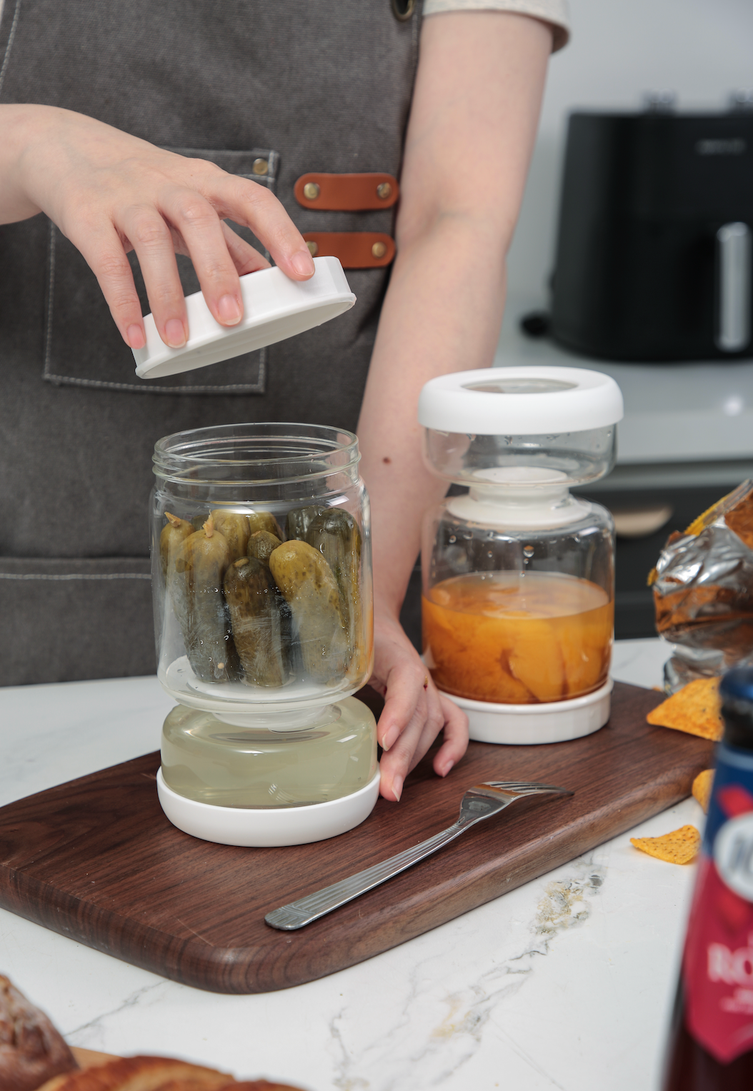 Genicook Dual-Part Glass Pickle Jar: The Flip-Over, Mess-Free Serving, Hand Blown Glass, Food Preserver