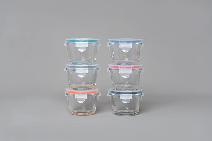 Genicook Borosilicate Glass Small Baby-Size Meal and Food Storage Containers, Round Shape - 12 pc Set (6 Containers - 6 Matching Lids)