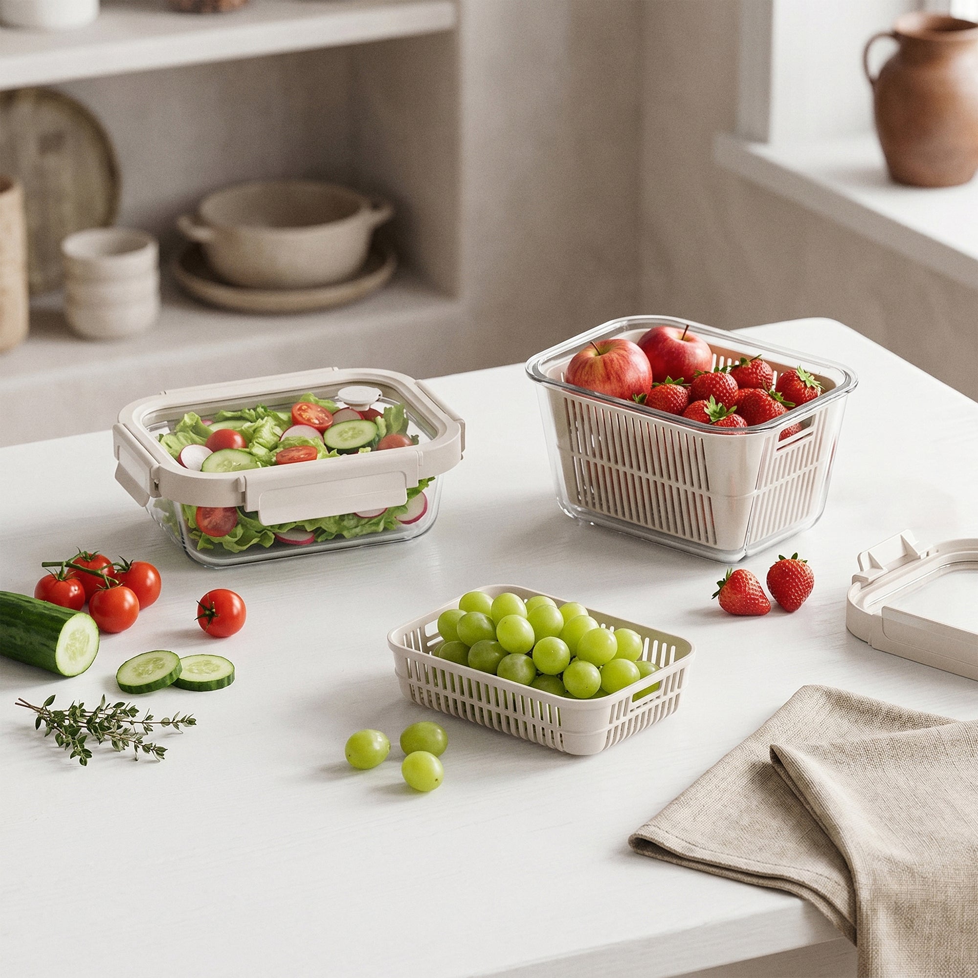 Produce Colander Container Set with Glass Lids