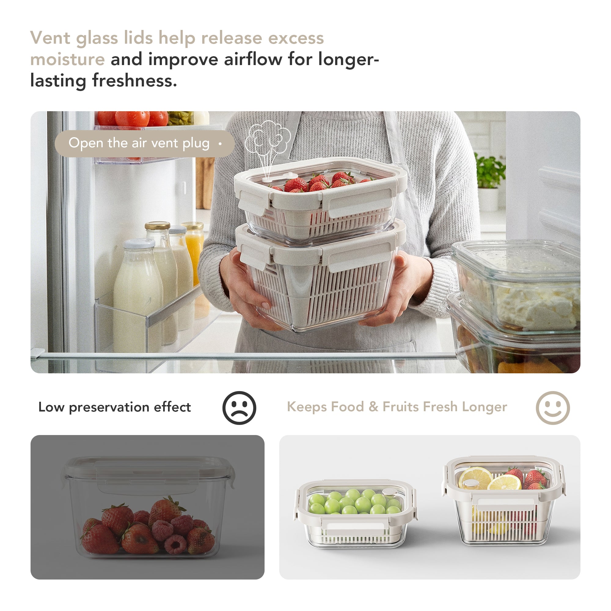 Produce Colander Container Set with Glass Lids