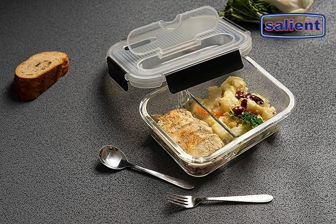 Salient Divided Rectangle Borosilicate Glass Bento Box Container with Stainless Steel Utensils, 33.1oz, Microwavable