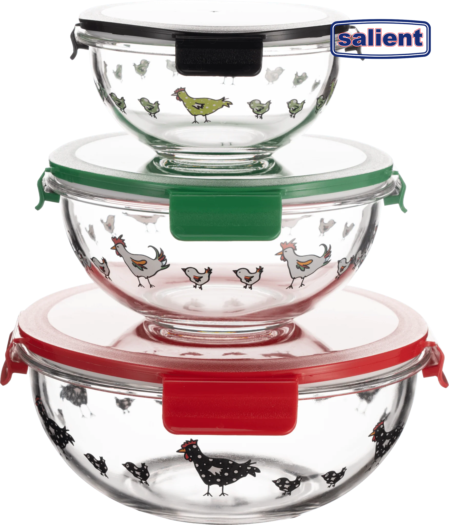 Salient Round Borosilicate Glass Nesting Salad/Mixing Bowl Set With Snap-On Lids (3 Container Set)