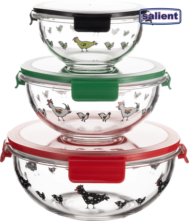 Salient Round Borosilicate Glass Nesting Salad/Mixing Bowl Set With Snap-On Lids (3 Container Set)