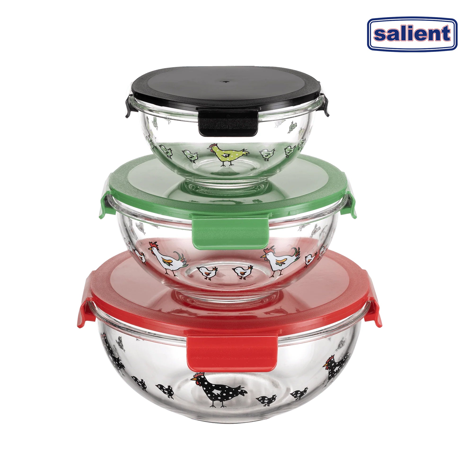 Salient Round Borosilicate Glass Nesting Salad/Mixing Bowl Set With Snap-On Lids (3 Container Set)