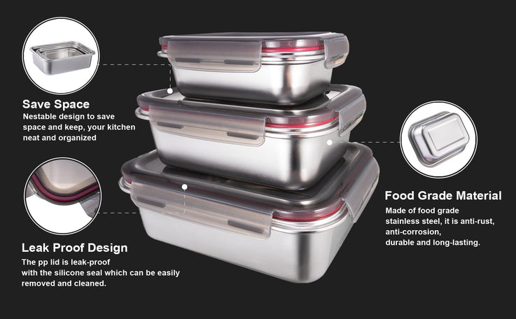 3 PC Stainless Steel Container Set With Locking Lids MICROWAVE SAFE - GenicookGenicook