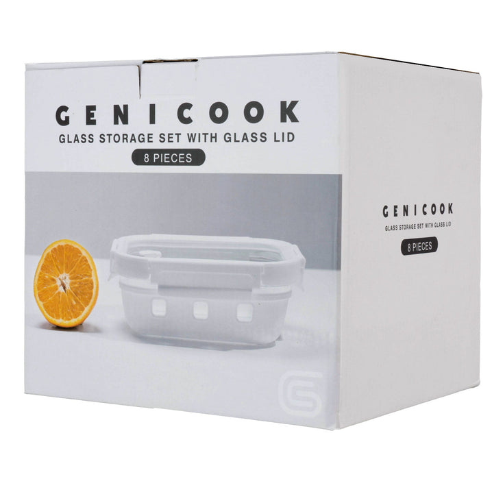 Genicook 8pc Square Borosilicate Glass Container with Vented Lid Set, Microwavable, Dark Grey