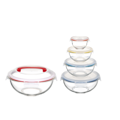 5 Container Nesting Borosilicate Glass Mixing Bowl Set With Locking Lids and Carry Handle - GenicookGenicook