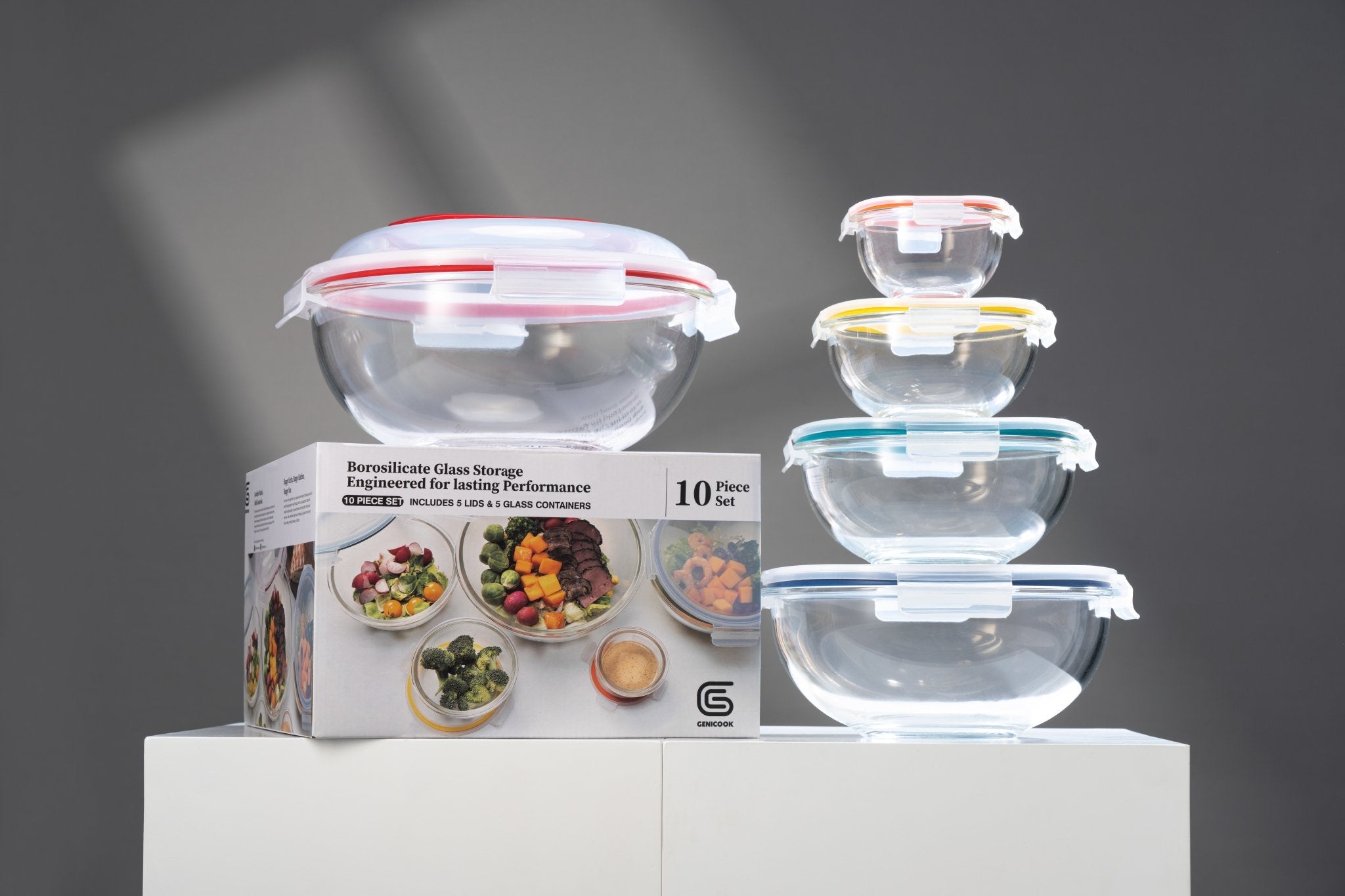 5 Container Nesting Borosilicate Glass Mixing Bowl Set With Locking Lids and Carry Handle - GenicookGenicook