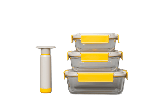 GENI-FRESH Vacuum Sealable Glass Container Set & Manual Pump (Yellow) - GenicookGenicook