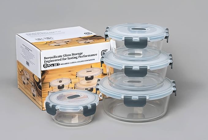 Genicook 8pc Round Borosilicate Glass Container with Vented Lid Set, Microwavable, Dark Grey - GenicookGenicook