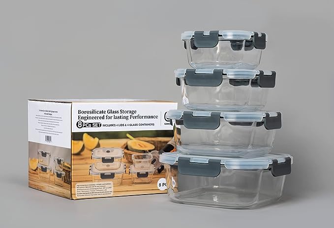 Genicook 8pc Square Borosilicate Glass Container with Vented Lid Set, Microwavable, Dark Grey (4 containers w/ lids) - GenicookGenicook