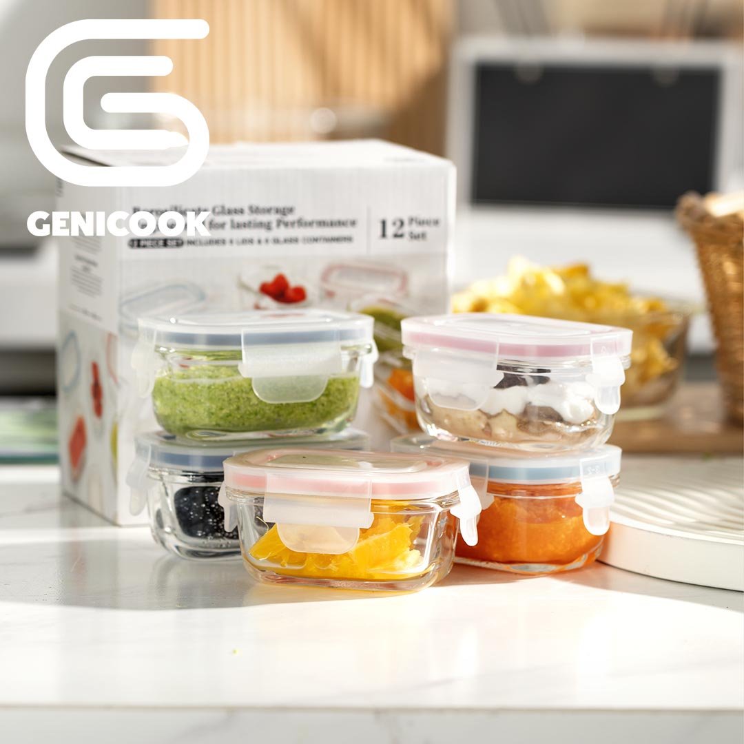 Genicook Borosilicate Glass Small Baby-Size Meal and Food Storage Containers, Rectangular Shape - 12 pc Set (6 Containers - 6 Matching Lids) - GenicookGenicook