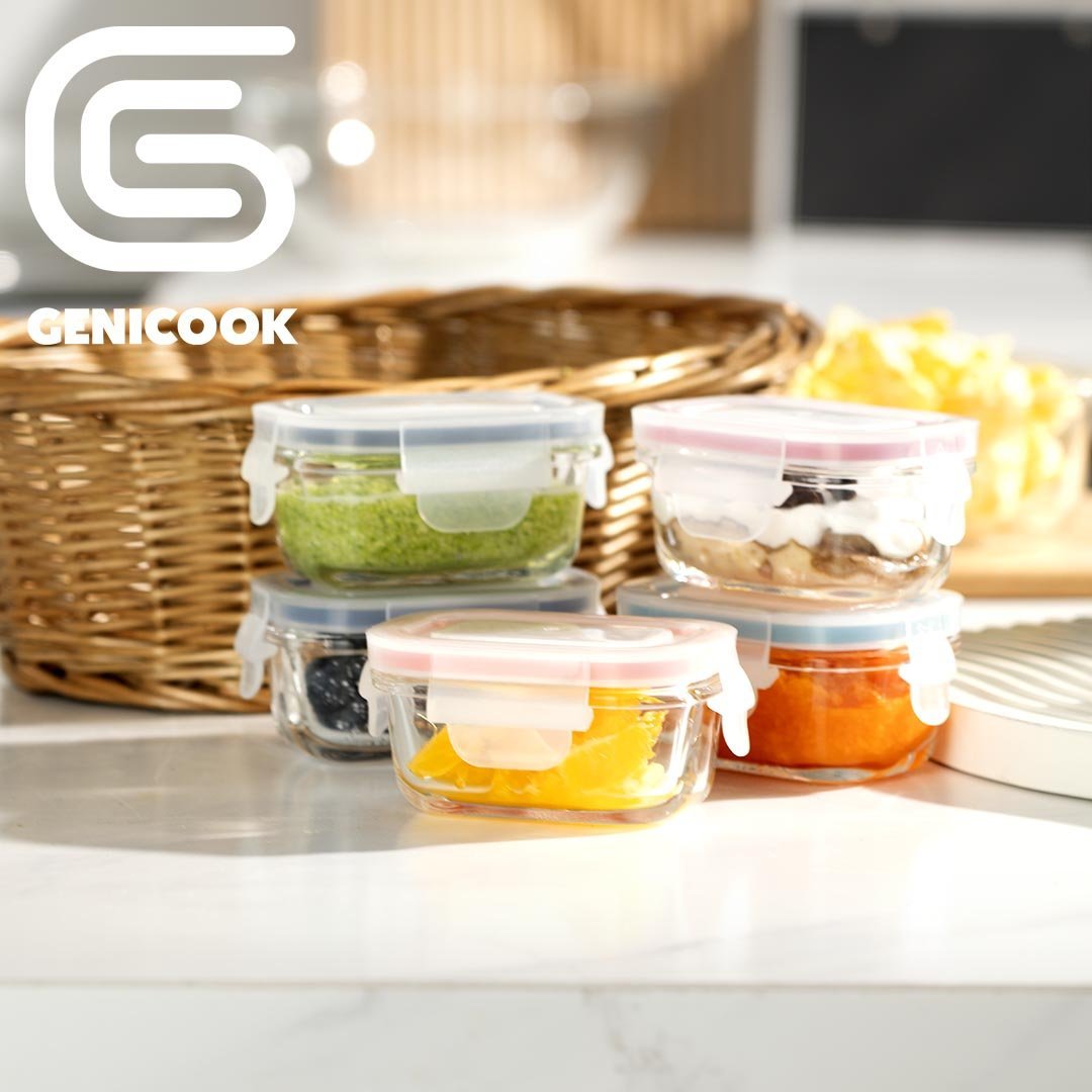 Genicook Borosilicate Glass Small Baby-Size Meal and Food Storage Containers, Rectangular Shape - 6 pc Set (3 Containers - 3 Matching Lids) - GenicookGenicook