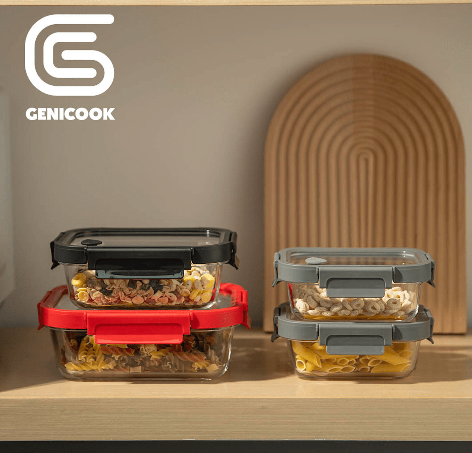 Genicook Borosilicate Tempered Glass Food Storage Containers with Pro Grade Locking Glass Lids, Rectangle Shape - 8 pc Set (4 Containers -4 Matching Lids) - GenicookGenicook