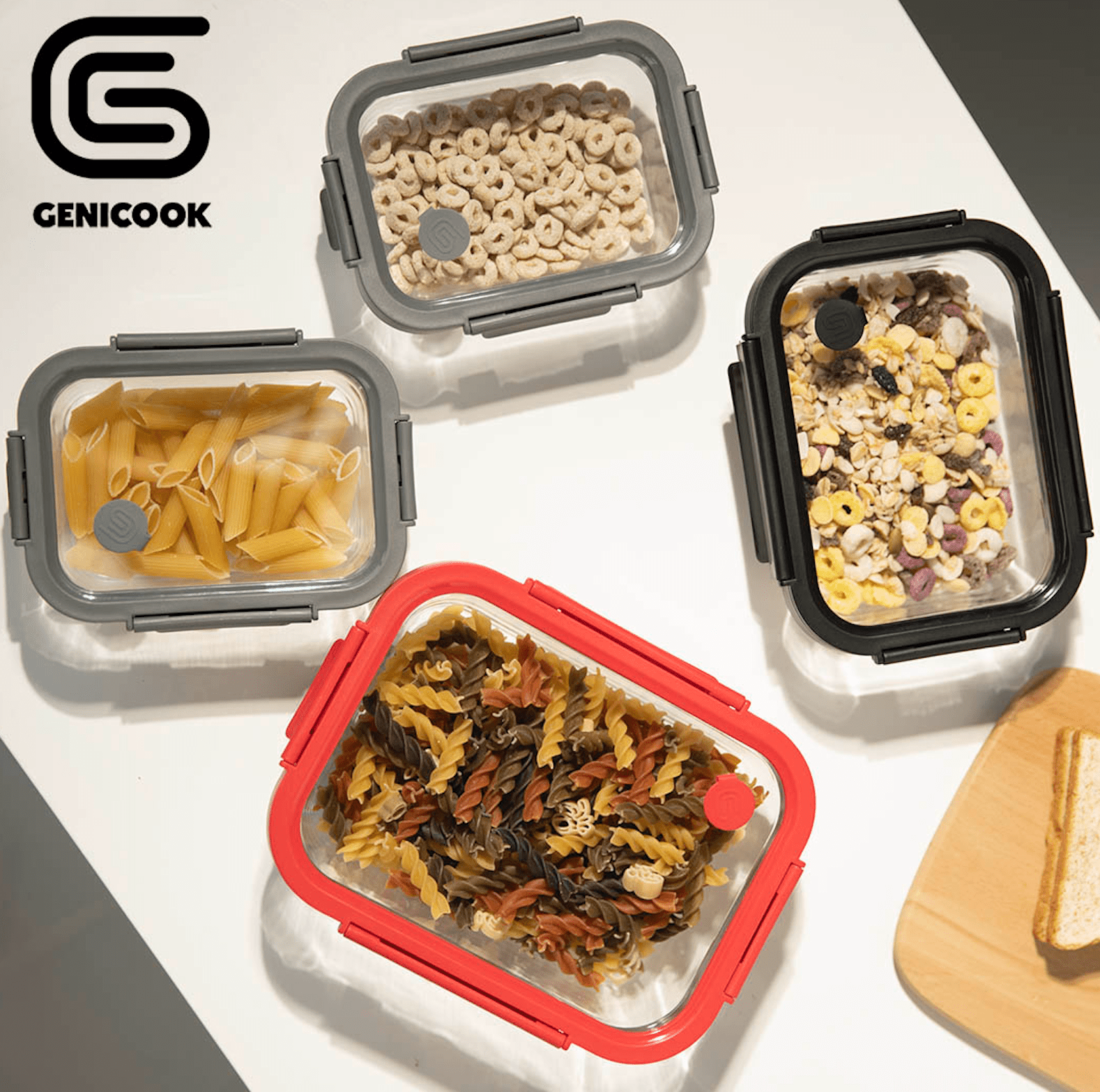 Genicook Borosilicate Tempered Glass Food Storage Containers with Pro Grade Locking Glass Lids, Rectangle Shape - 8 pc Set (4 Containers -4 Matching Lids) - GenicookGenicook