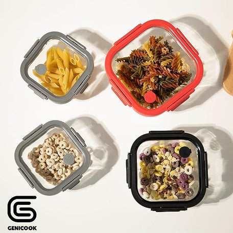 Genicook Borosilicate Tempered Glass Food Storage Containers with Pro Grade Locking Glass Lids, Vent and Removeable Lockdown Levers, Square Shape - 8 pc Set (4 Containers -4 Matching Lids) - GenicookGenicook