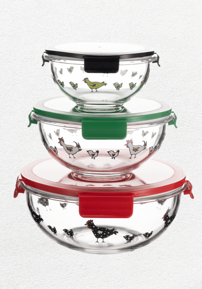 Round Borosilicate Glass Nesting Salad/Mixing Bowl Set With Snap-On Lids (3 Container Set) - GenicookGenicook