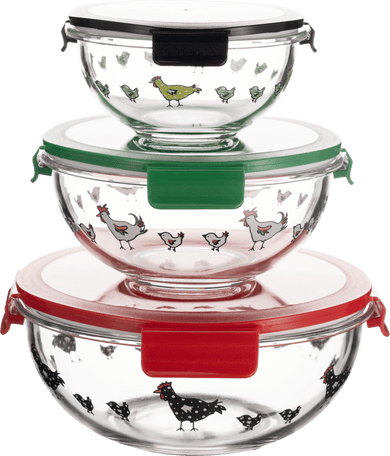 Round Borosilicate Glass Nesting Salad/Mixing Bowl Set With Snap-On Lids (3 Container Set) - GenicookGenicook