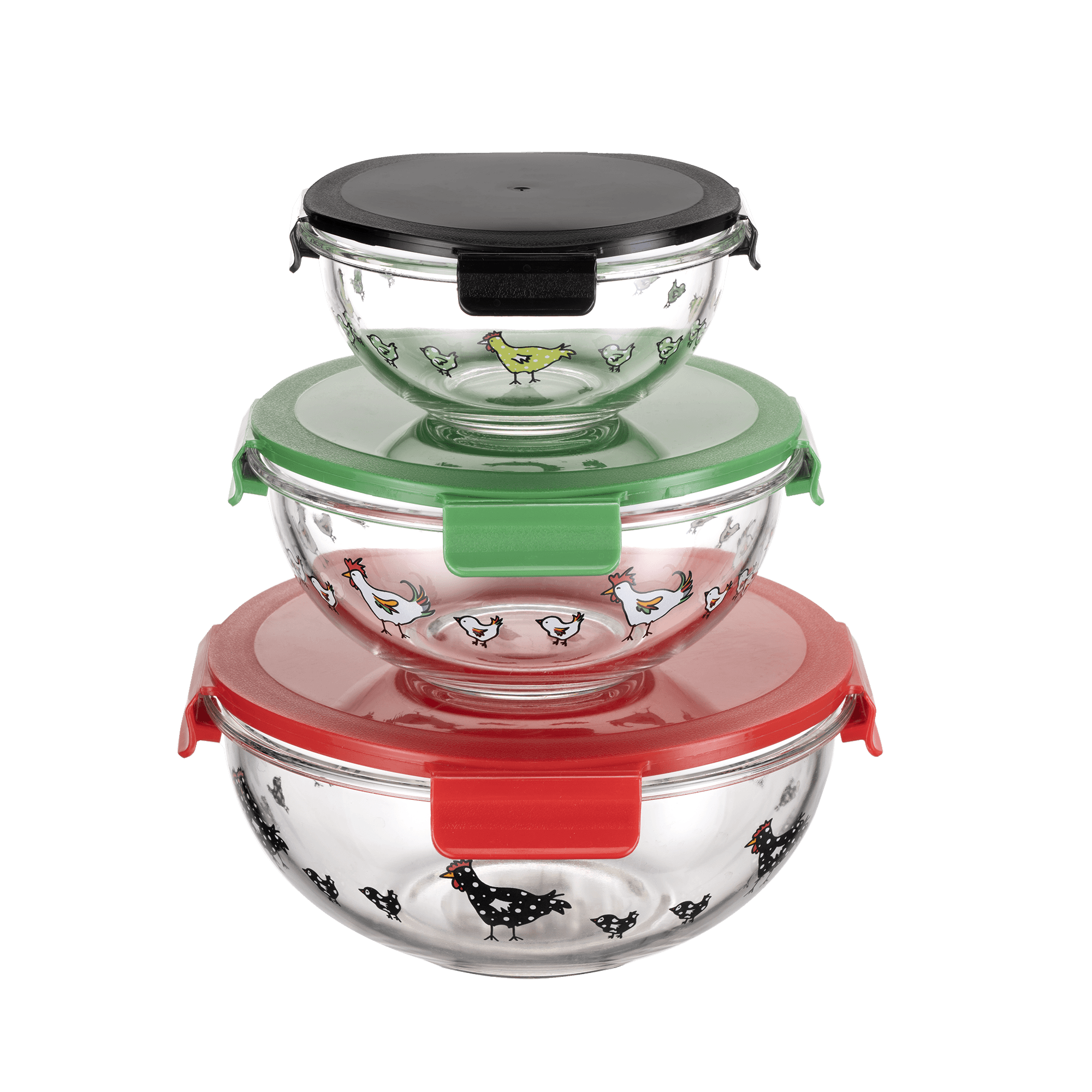 Round Borosilicate Glass Nesting Salad/Mixing Bowl Set With Snap-On Lids (3 Container Set) - GenicookGenicook